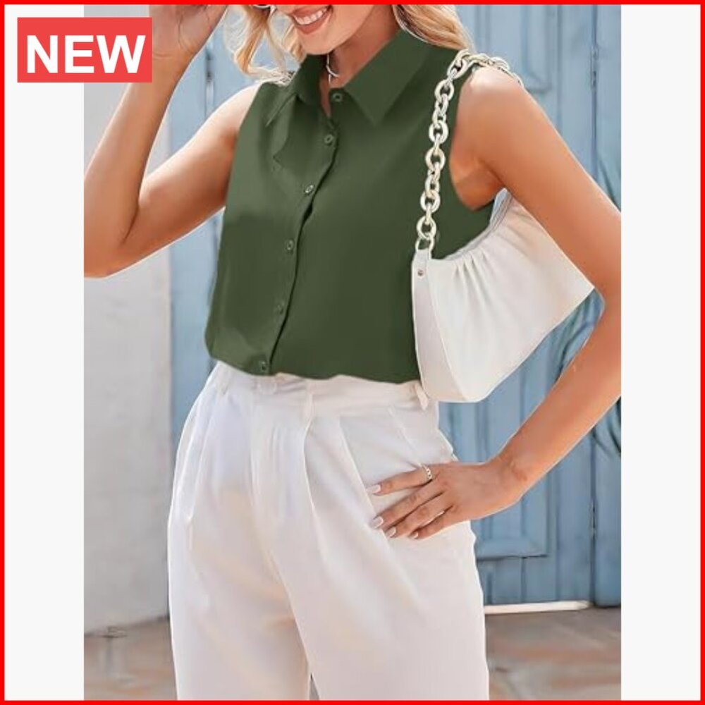 Polyester Blend Sleeveless Button Down Shirt V-Ne… - image 5